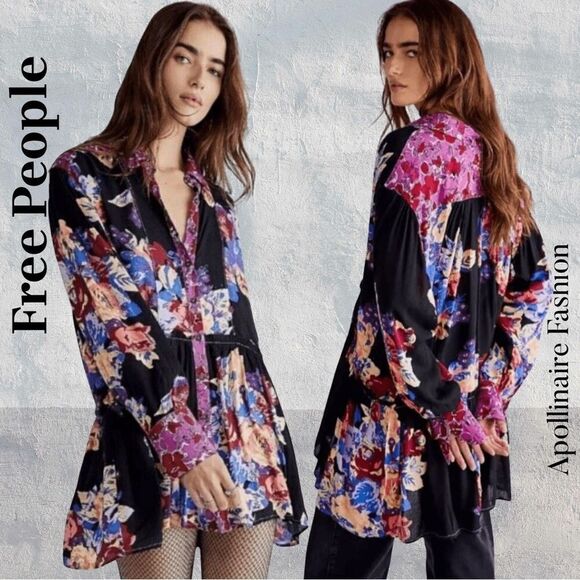 FREE PEOPLE FLORAL TUNIC BLACK COMBO SIZE SP NEW - Picture 1 of 5